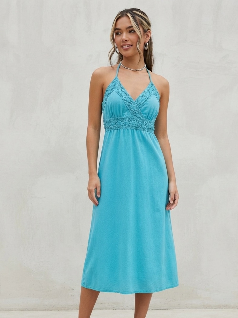 Y2K Le Chateau Turquoise Cotton Halter Neck Midi Dress Crochet Waist Size Small
